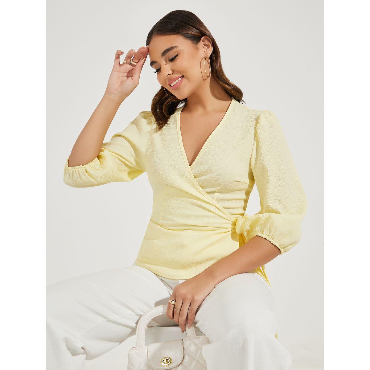 بلوزة سادة بنمط لف مع اكمام بالون واربطة-women-clothing-shirtsandblouses-blouses-image-1