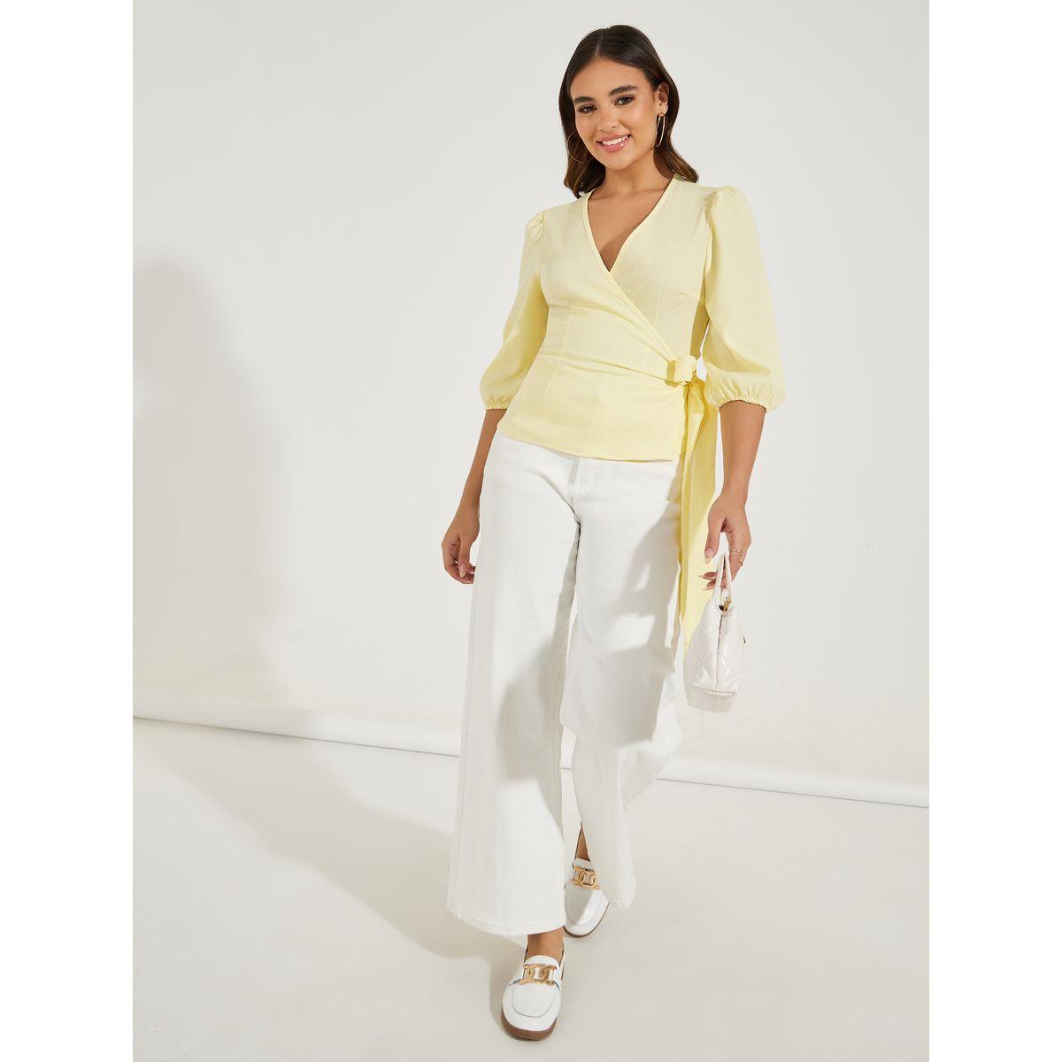 بلوزة سادة بنمط لف مع اكمام بالون واربطة-women-clothing-shirtsandblouses-blouses-image-2