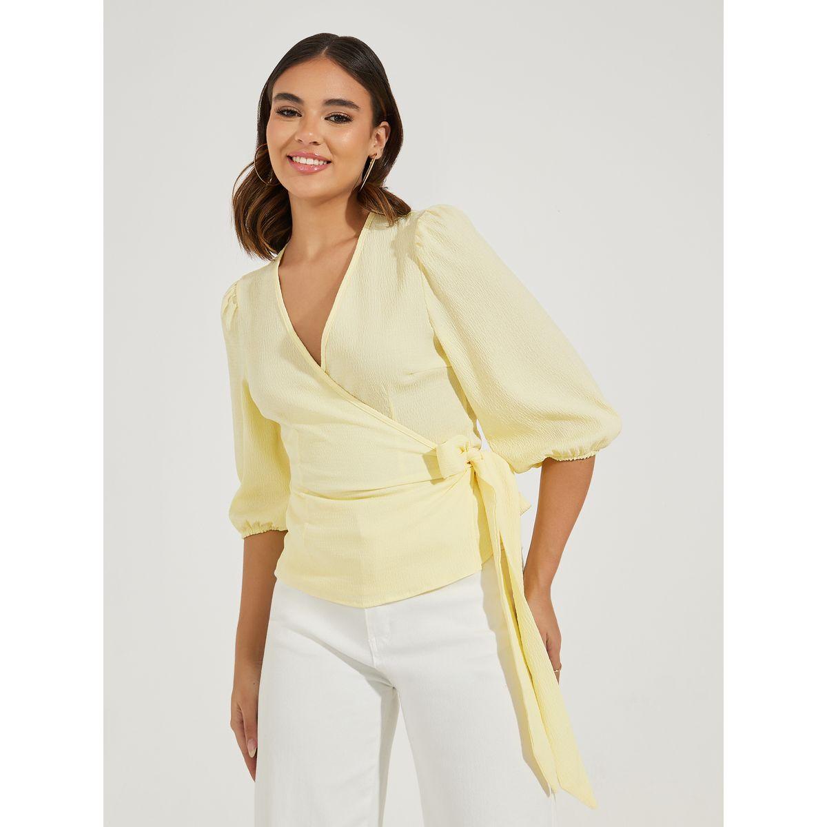 بلوزة سادة بنمط لف مع اكمام بالون واربطة-women-clothing-shirtsandblouses-blouses-image-3