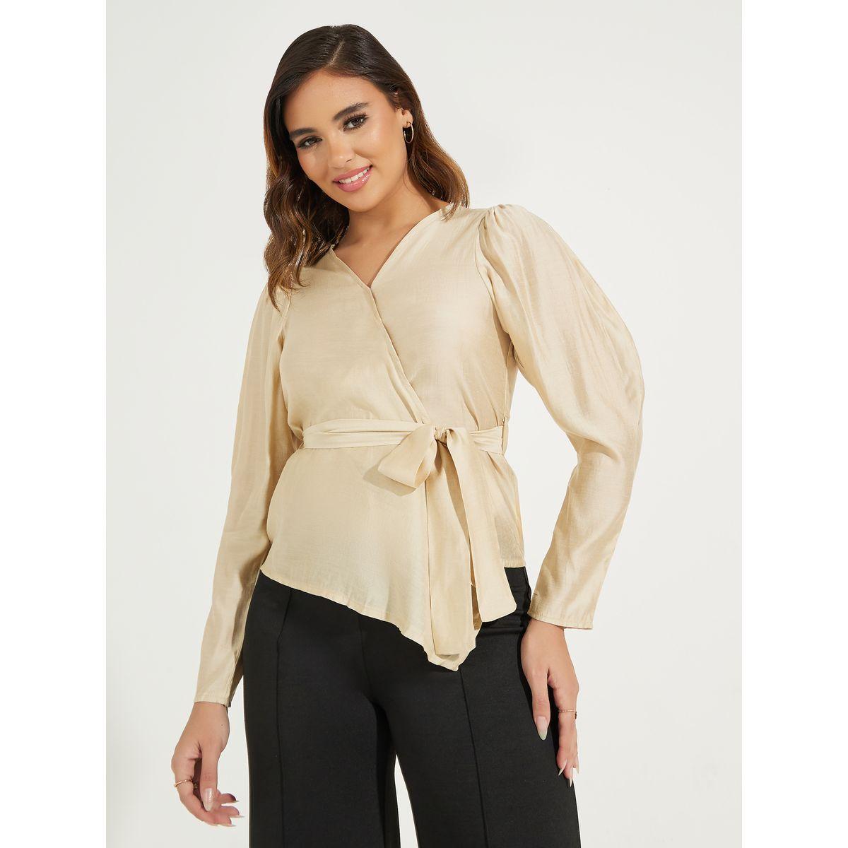 Styli Solid Wrap Top with Long Sleeve & Bow Tie Detail-women-clothing-shirtsandblouses-blouses-image-1