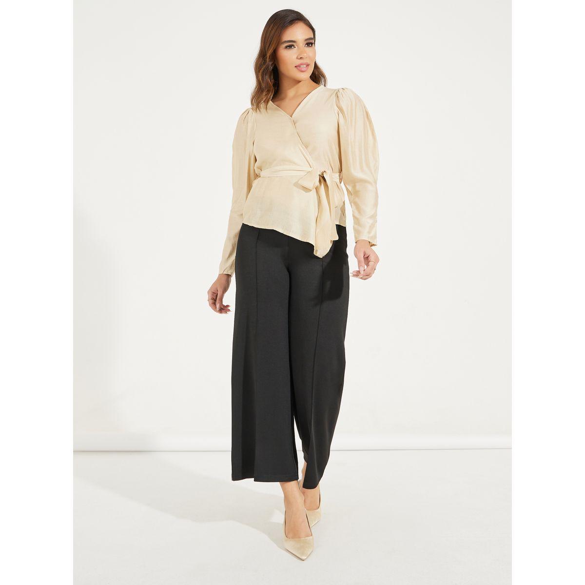 Styli Solid Wrap Top with Long Sleeve & Bow Tie Detail-women-clothing-shirtsandblouses-blouses-image-2