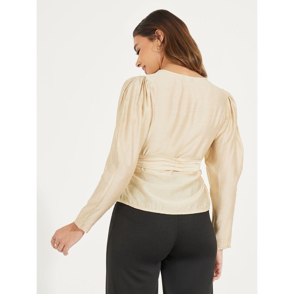 Styli Solid Wrap Top with Long Sleeve & Bow Tie Detail-women-clothing-shirtsandblouses-blouses-image-4