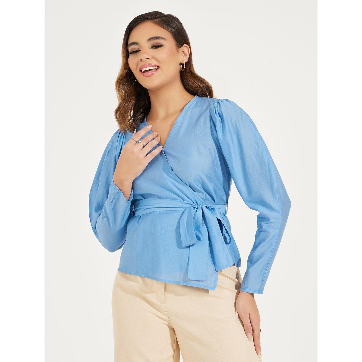 Styli Solid Wrap Top with Long Sleeve & Bow Tie Detail-women-clothing-shirtsandblouses-blouses-image-1