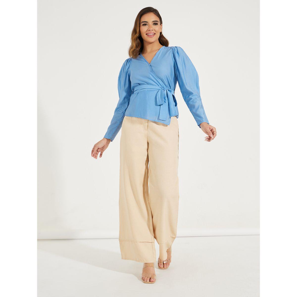 Styli Solid Wrap Top with Long Sleeve & Bow Tie Detail-women-clothing-shirtsandblouses-blouses-image-2