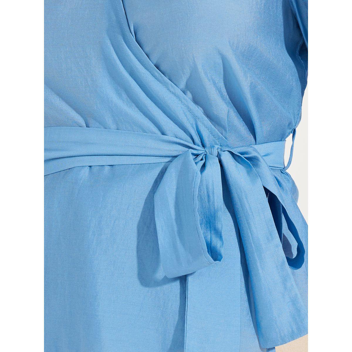 بلوزة سادة بنمط لف واكمام طويلة مع ربطة فيونكة-women-clothing-shirtsandblouses-blouses-image-2