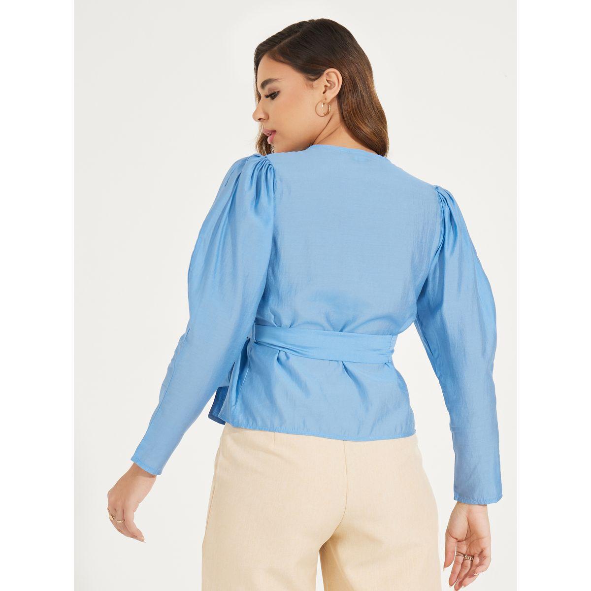 بلوزة سادة بنمط لف واكمام طويلة مع ربطة فيونكة-women-clothing-shirtsandblouses-blouses-image-1