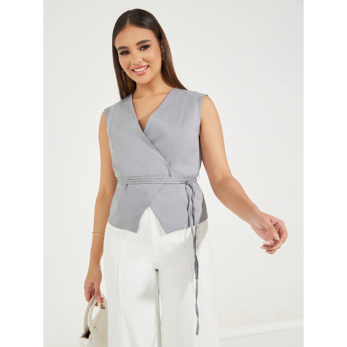 بلوزة سادة بلا اكمام ونمط لف مع اربطة-women-clothing-shirtsandblouses-blouses-image-1
