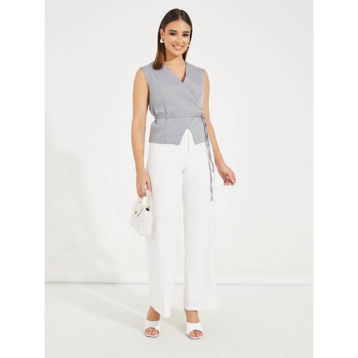 بلوزة سادة بلا اكمام ونمط لف مع اربطة-women-clothing-shirtsandblouses-blouses-image-2