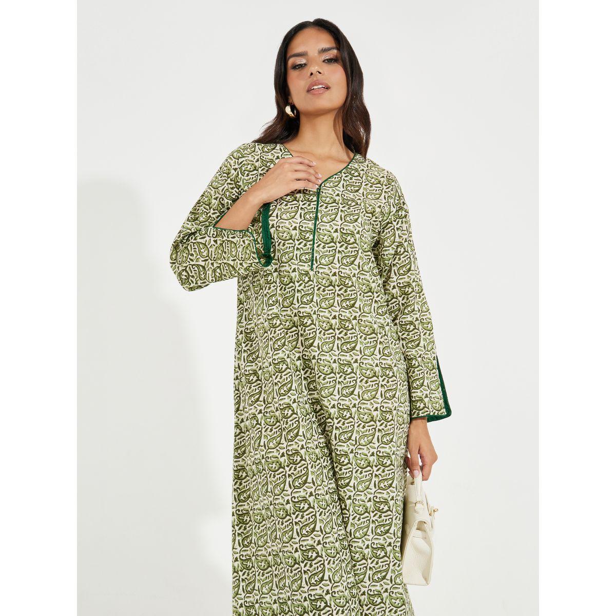 جلابية قطن مطبعة بالكامل مع حزوز-women-arabicclothing-jalabiyas-image-2