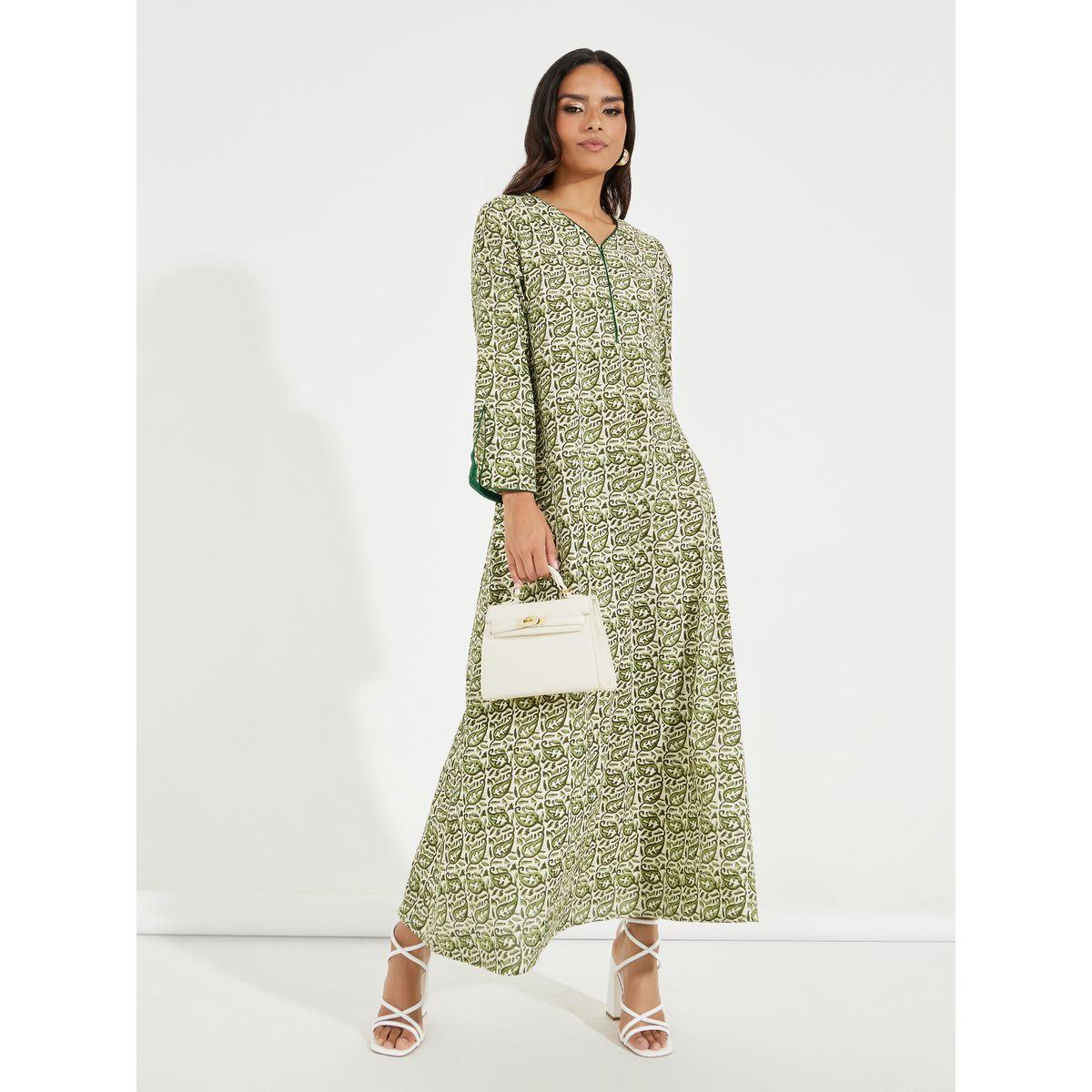 جلابية قطن مطبعة بالكامل مع حزوز-women-arabicclothing-jalabiyas-image-4