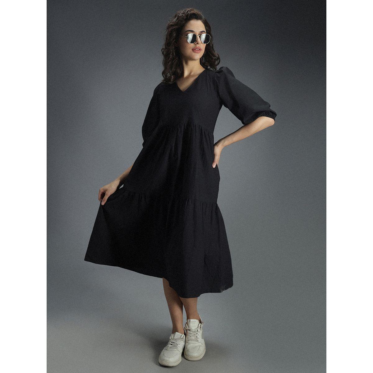 High Star X Styli  V Neck Cotton Tiered Midi Dress-women-clothing-dresses-image-1