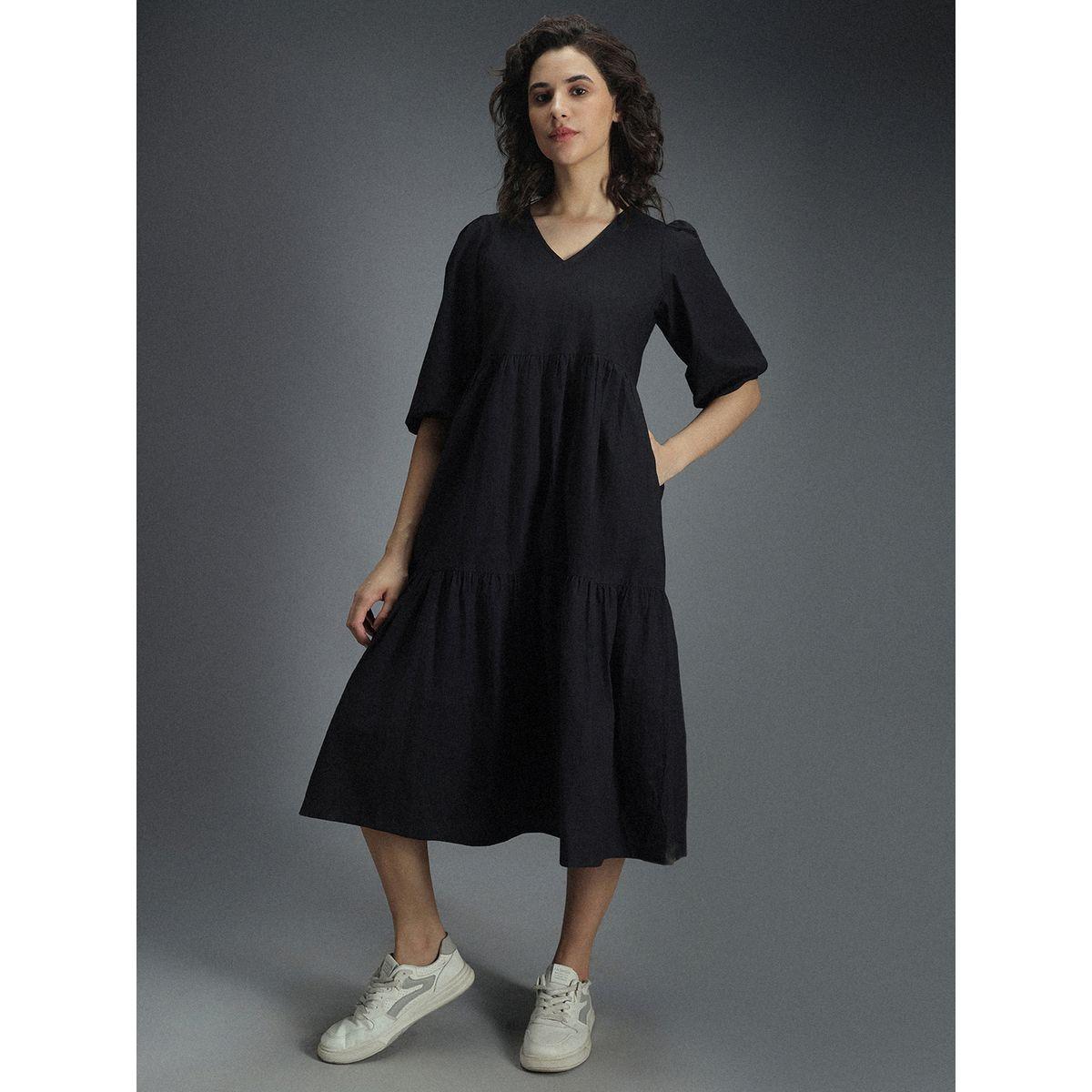 High Star X Styli  V Neck Cotton Tiered Midi Dress-women-clothing-dresses-image-3