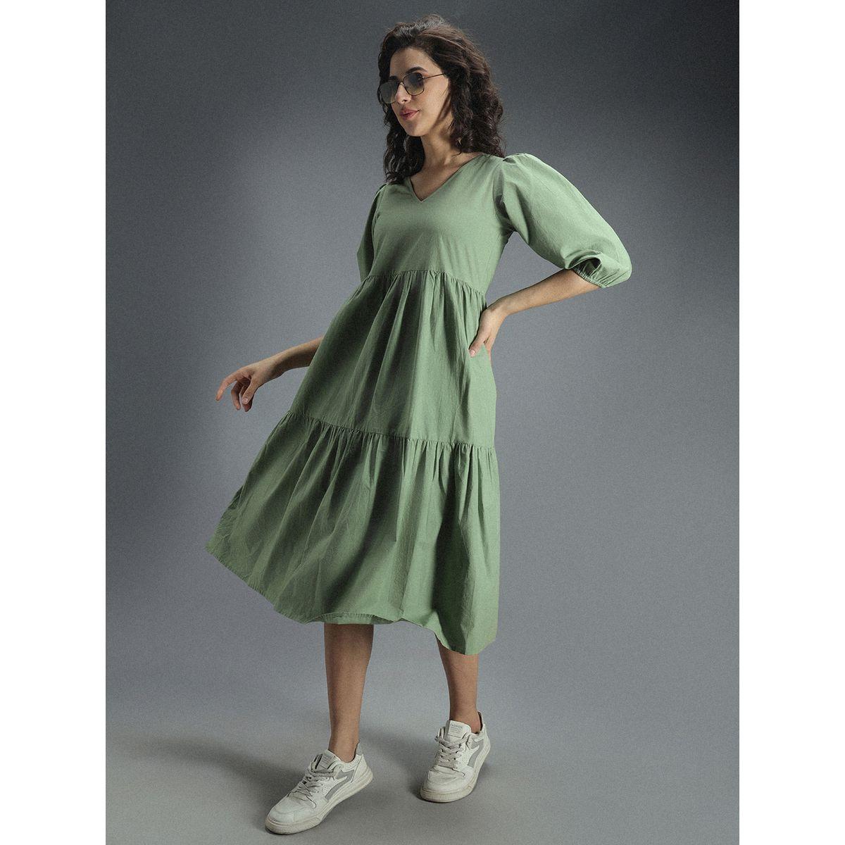 High Star X Styli  V Neck Cotton Tiered Midi Dress-women-clothing-dresses-image-1