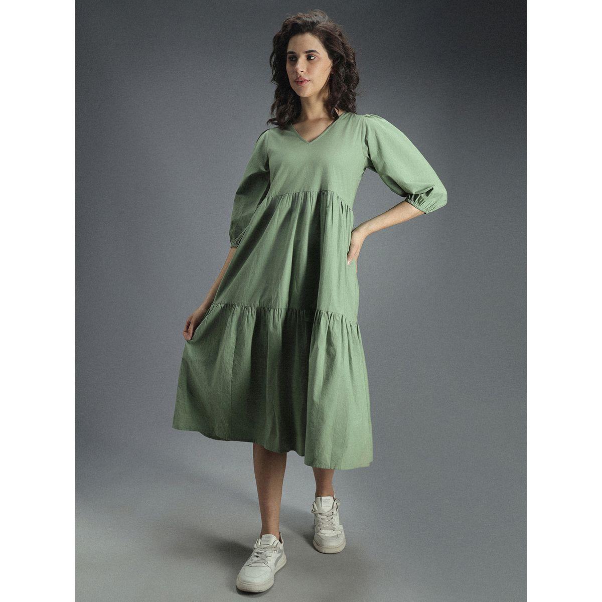 High Star X Styli  V Neck Cotton Tiered Midi Dress-women-clothing-dresses-image-2