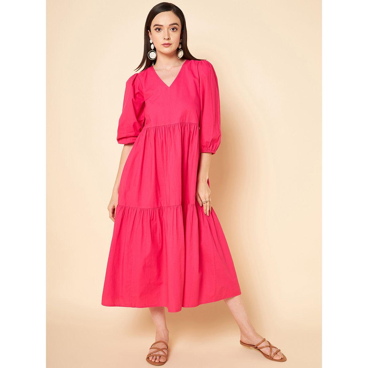High Star X Styli  V Neck Cotton Tiered Midi Dress-women-clothing-dresses-image-1