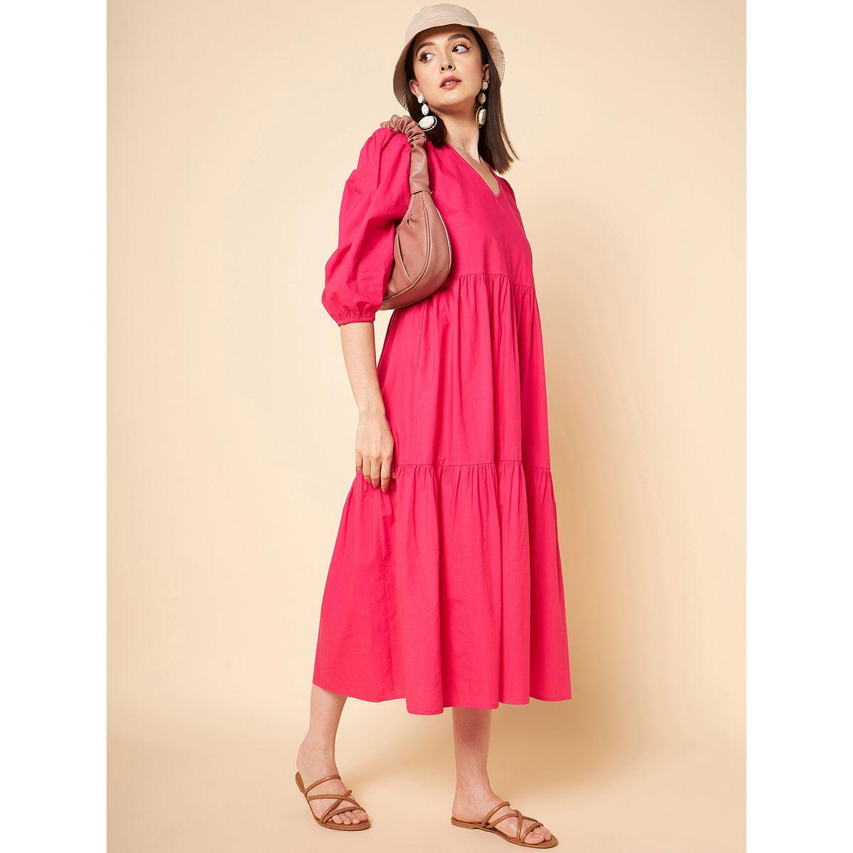 High Star X Styli  V Neck Cotton Tiered Midi Dress-women-clothing-dresses-image-2