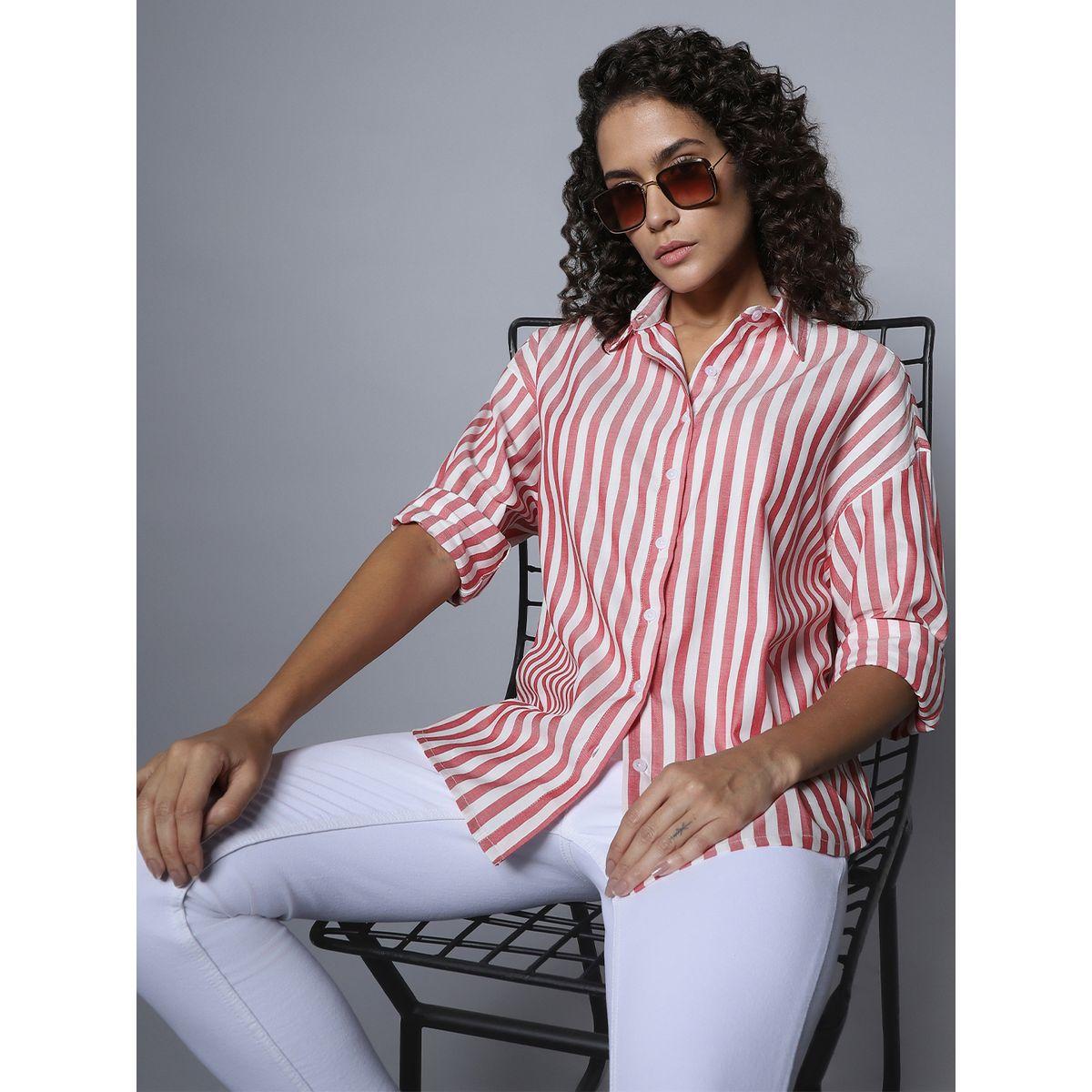 بلوزة بوكسي مخططة مع ياقة سبريد هاي ستار × ستايلي-women-clothing-shirtsandblouses-shirts-image-1