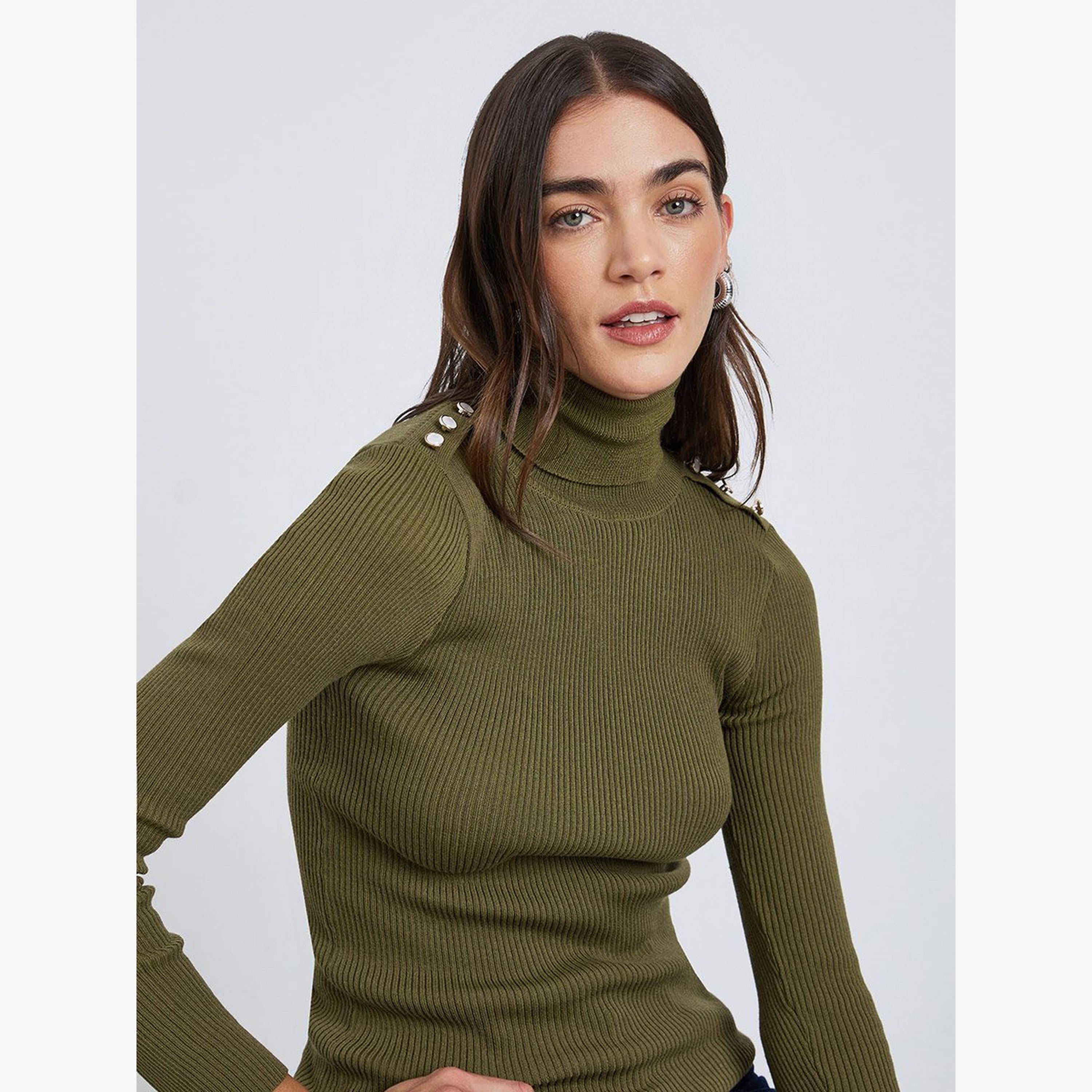 ستايلي - سترة ذات ياقة مدورة مضلعة لون أخضر الزيتوني-women-winterwear-cardigansandjumpers-jumpers-image-2