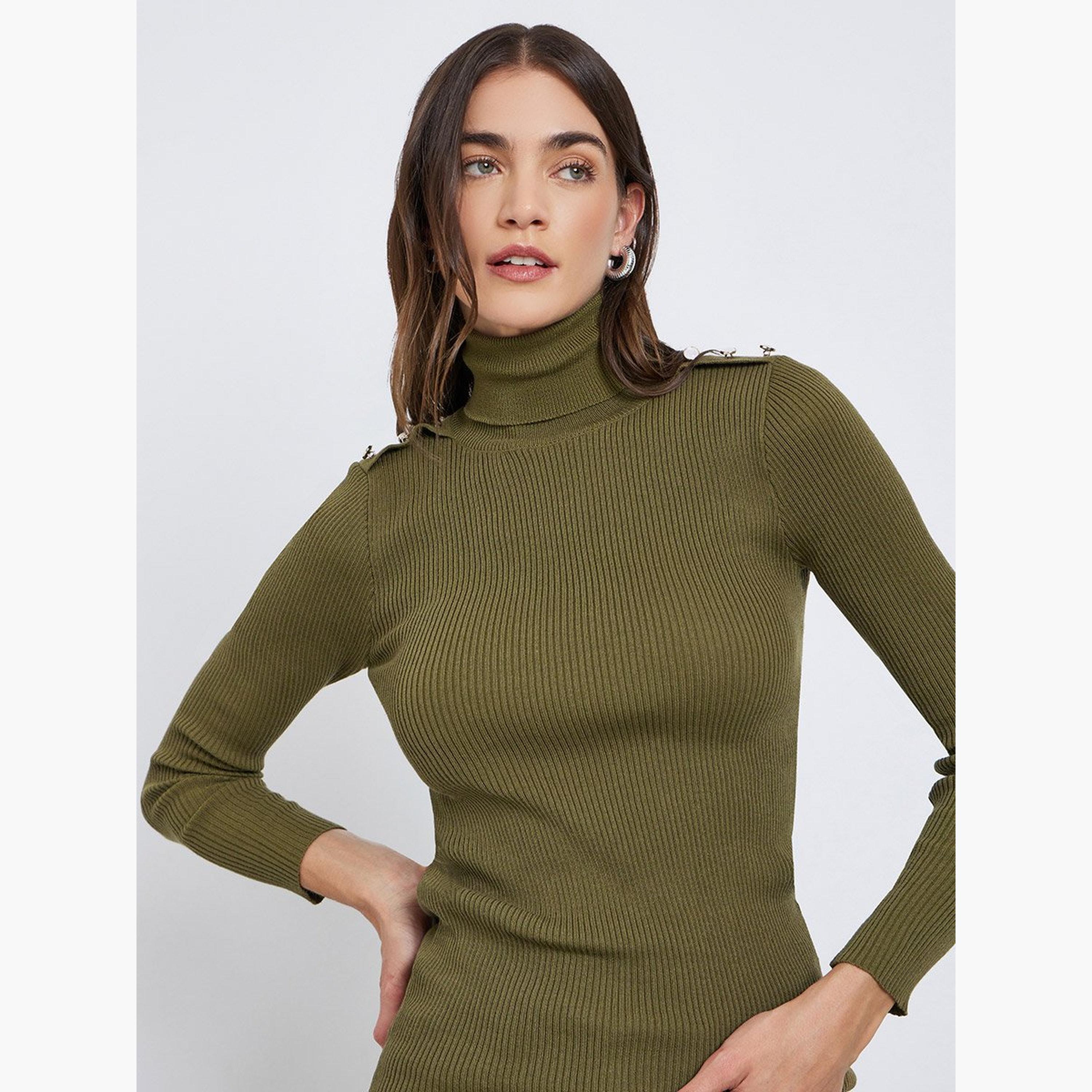 ستايلي - سترة ذات ياقة مدورة مضلعة لون أخضر الزيتوني-women-winterwear-cardigansandjumpers-jumpers-image-3