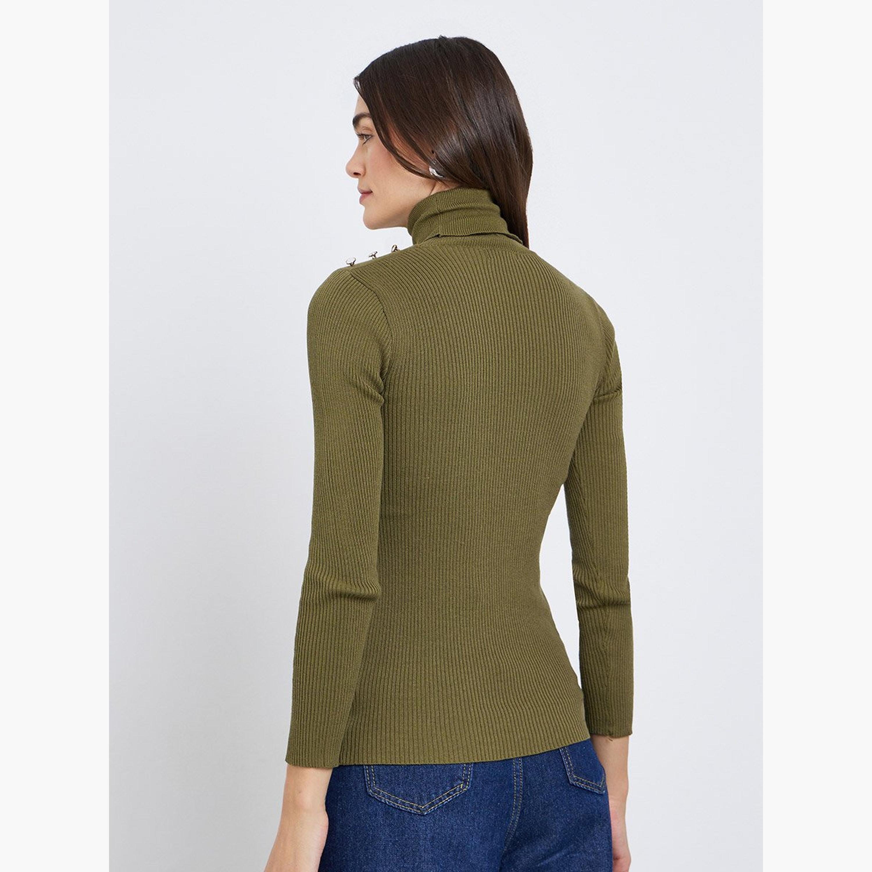 ستايلي - سترة ذات ياقة مدورة مضلعة لون أخضر الزيتوني-women-winterwear-cardigansandjumpers-jumpers-image-5