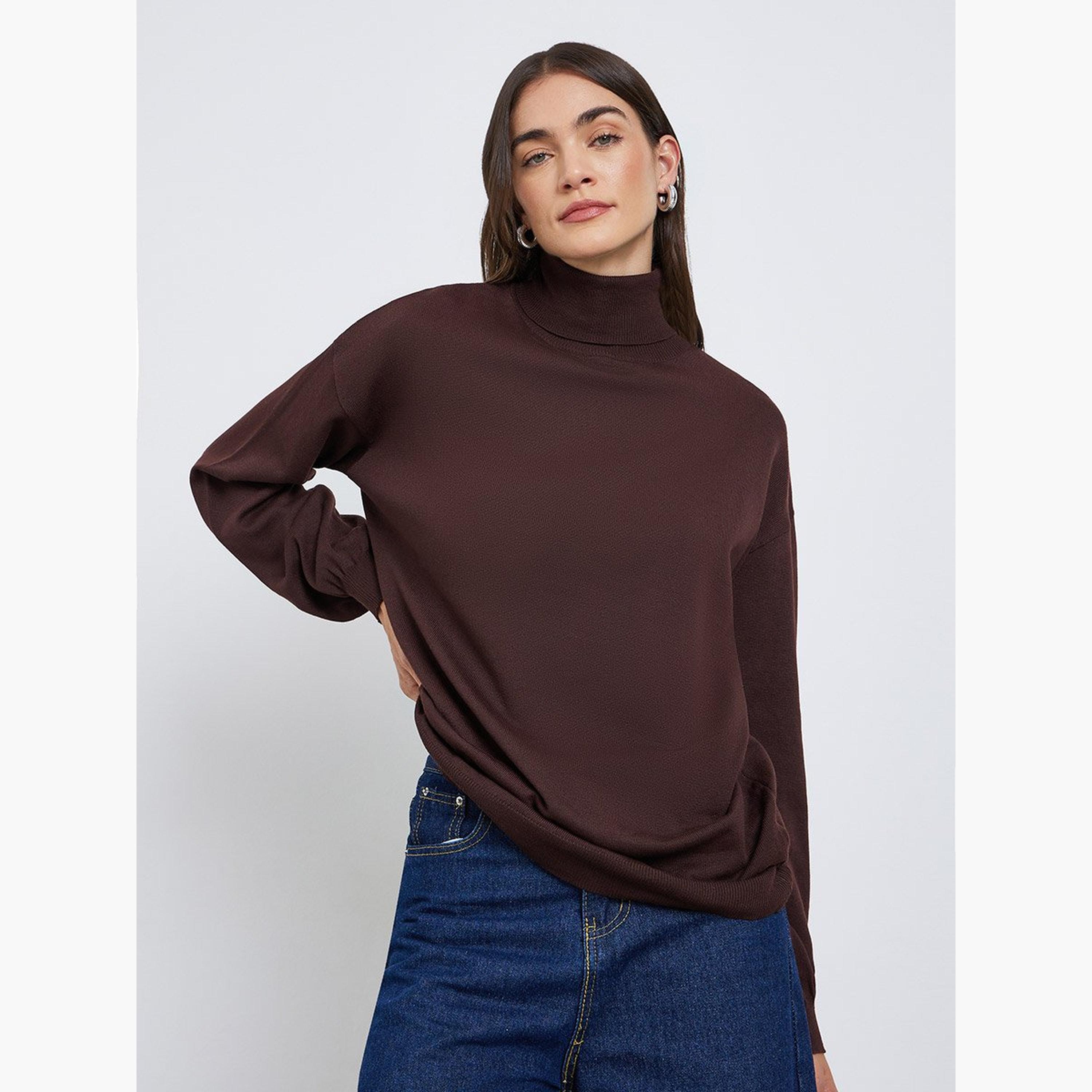 ستايلي - سترة مقاس كبير ياقة مدورة بلون بني قهوة-women-winterwear-cardigansandjumpers-jumpers-image-1