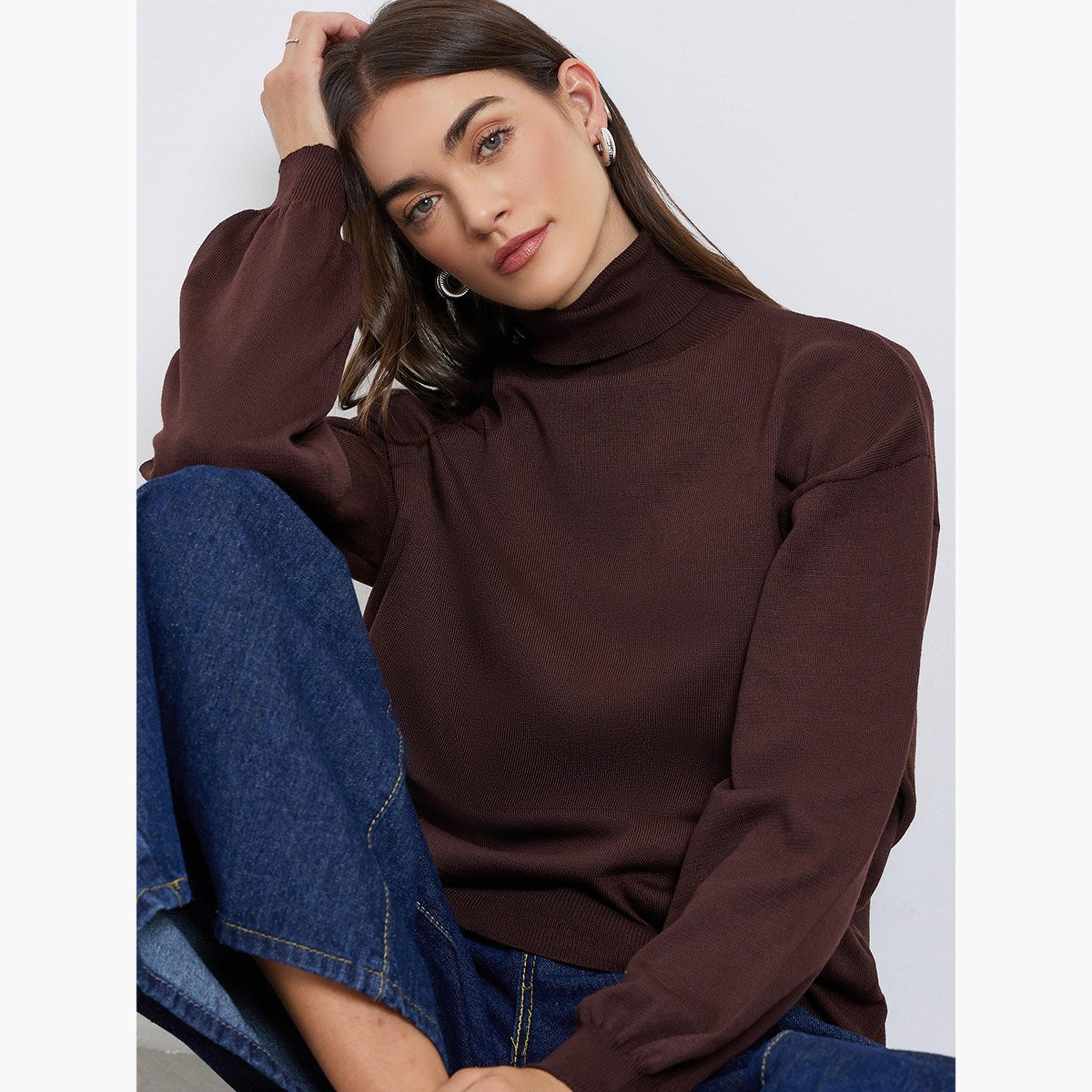 Styli Coffee Brown Turtleneck Oversized Sweater-women-winterwear-cardigansandjumpers-jumpers-image-3