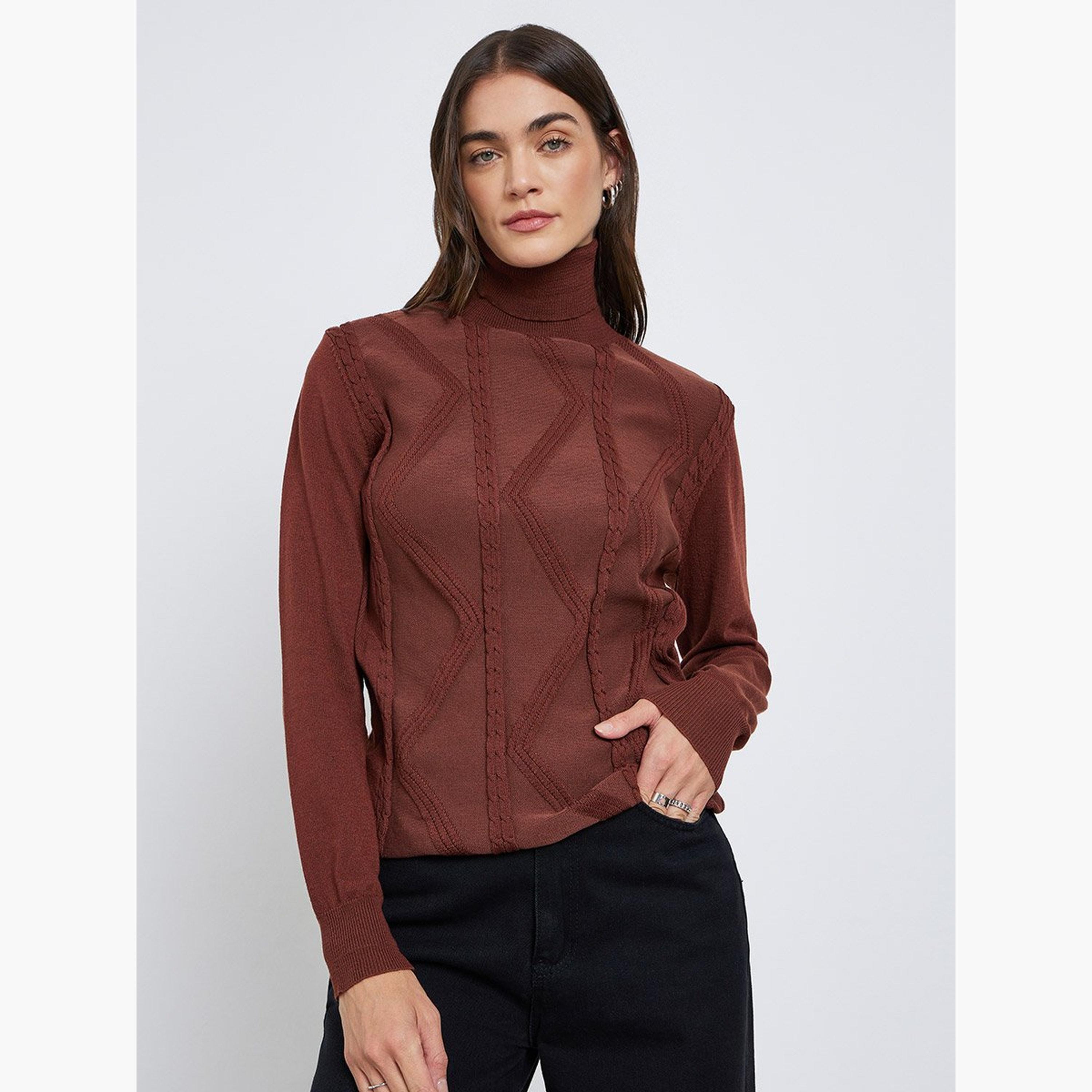 Styli Rust Cable Knit Turtleneck Sweater-women-winterwear-cardigansandjumpers-jumpers-image-1