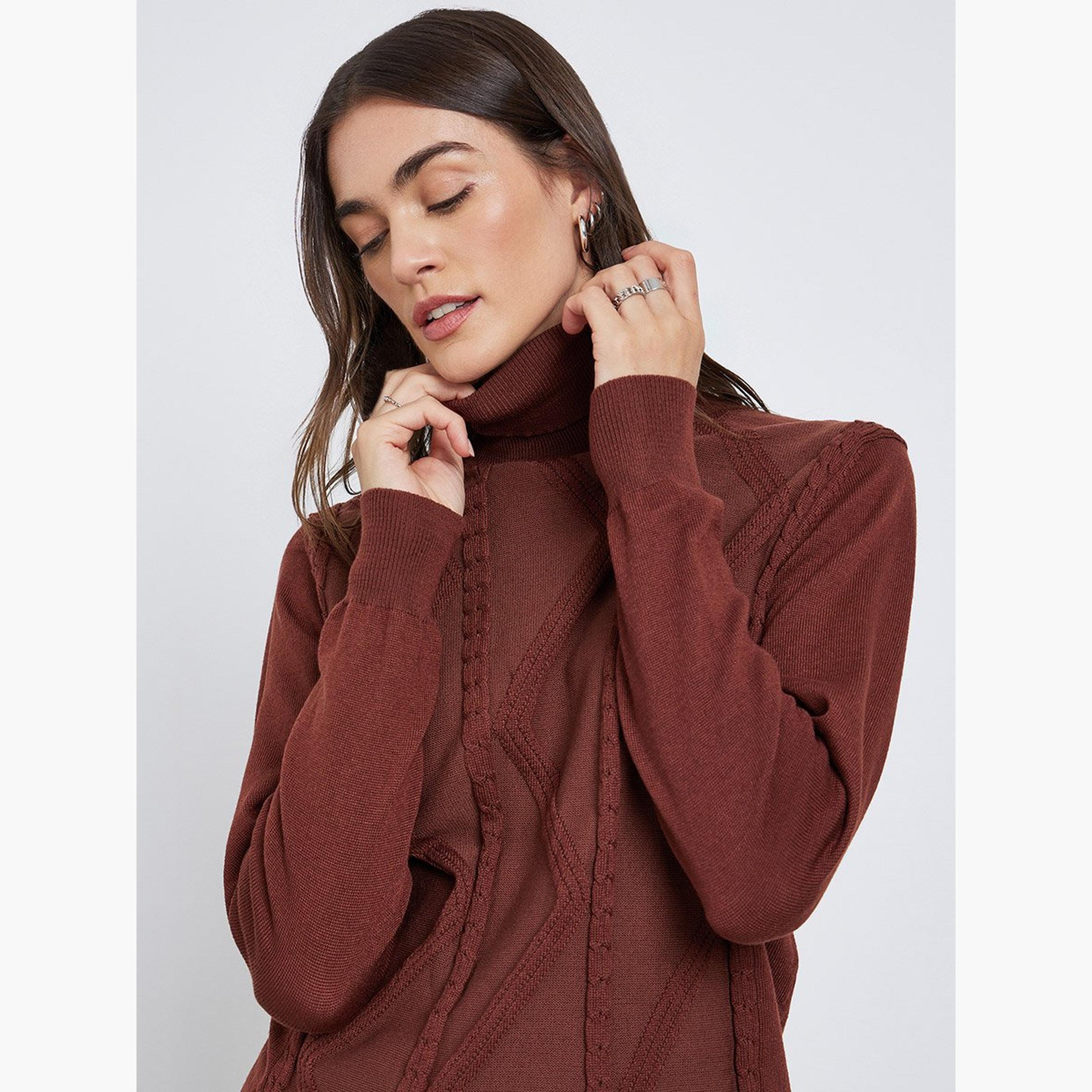 Styli Rust Cable Knit Turtleneck Sweater-women-winterwear-cardigansandjumpers-jumpers-image-3