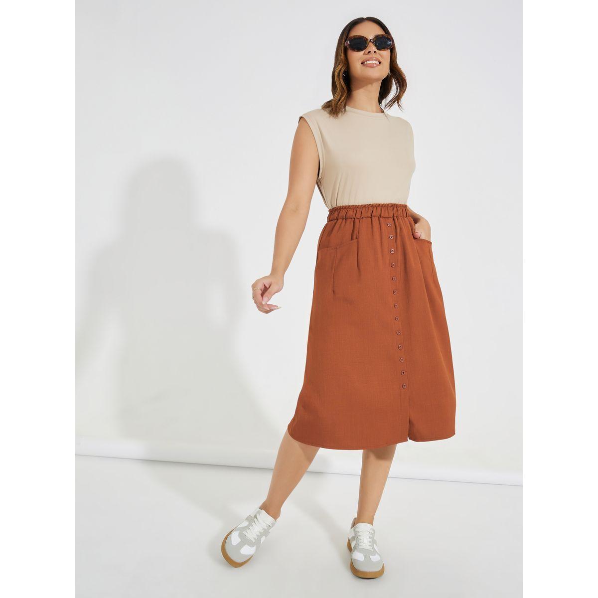 Styli Linen Look Elastic Waistband Midi Skirt-women-clothing-bottoms-skirts-image-1