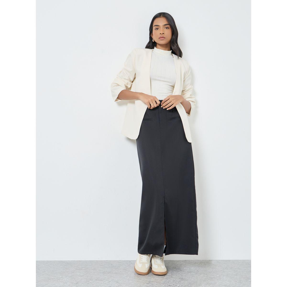 Styli Solid Maxi Skirt with Front Slit and Pockets-women-clothing-bottoms-skirts-image-1