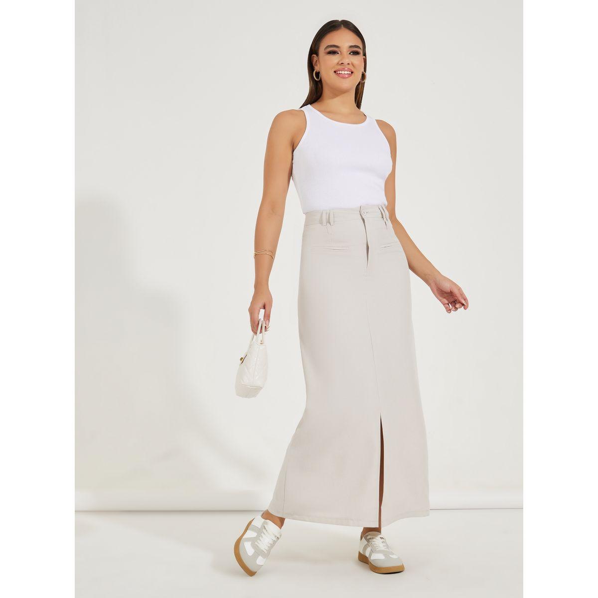 Styli Solid Maxi Skirt with Front Slit & Pockets-women-clothing-bottoms-skirts-image-1