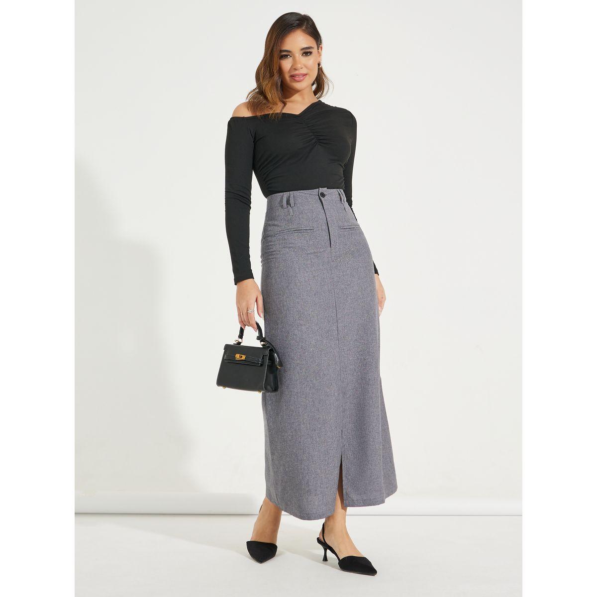 Styli Solid Maxi Skirt with Front Slit & Pockets-women-clothing-bottoms-skirts-image-1