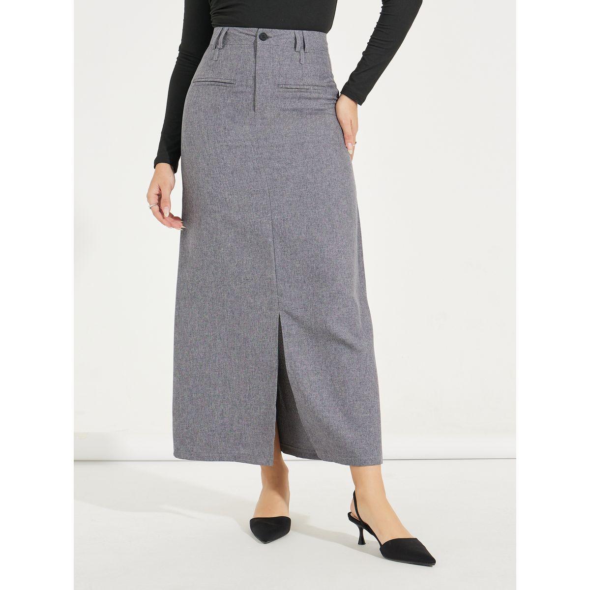 Styli Solid Maxi Skirt with Front Slit & Pockets-women-clothing-bottoms-skirts-image-2