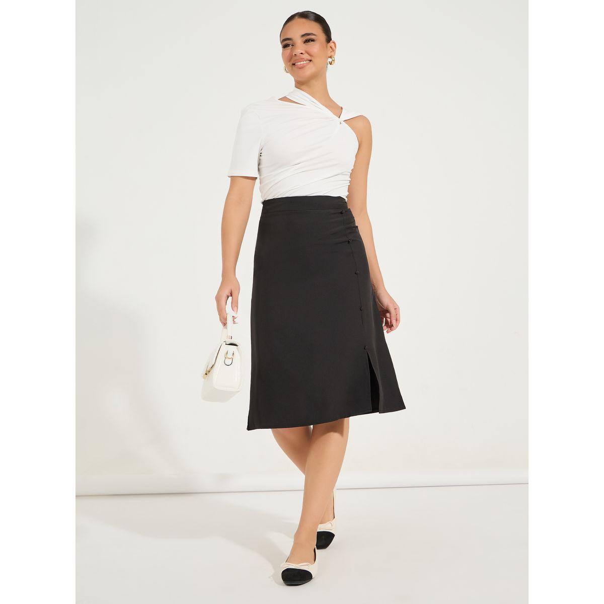 Styli Solid Side Seam Slit Midi Skirt with Buttons-women-clothing-bottoms-skirts-image-1