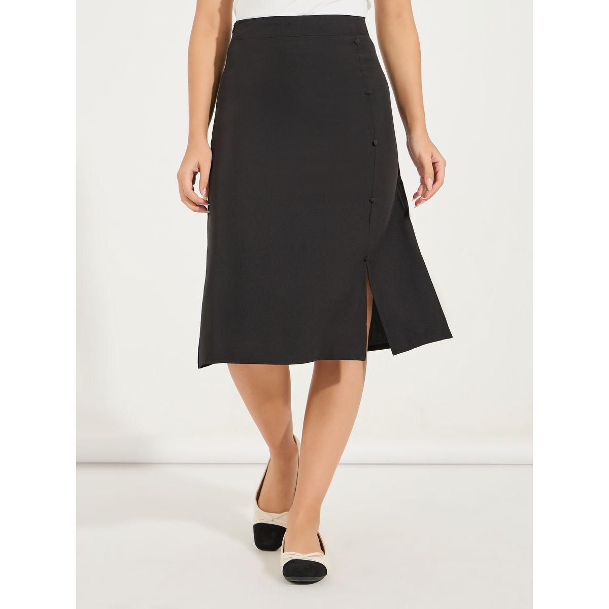 Styli Solid Side Seam Slit Midi Skirt with Buttons-women-clothing-bottoms-skirts-image-2
