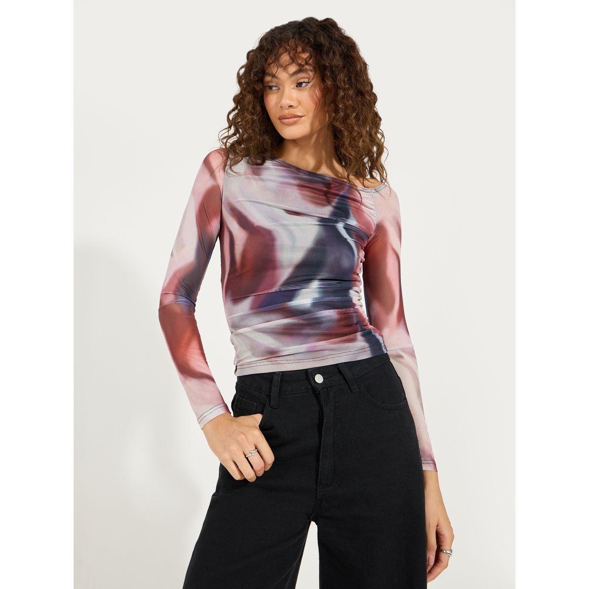 Styli Mesh Tie Dye Print Asymmetric Neck T-Shirt-women-clothing-tshirts-image-1