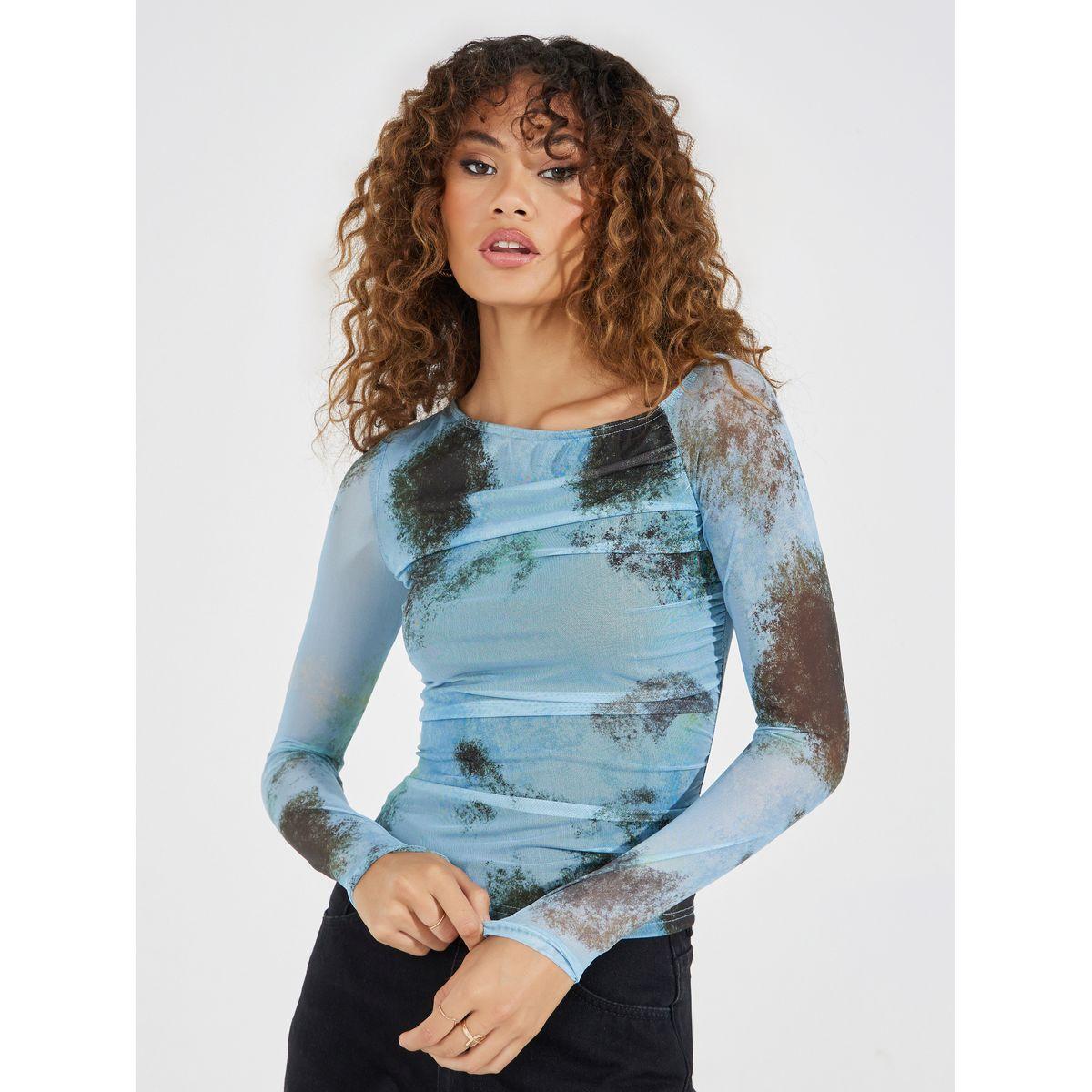 تيشيرت بطبعة تاي داي مع ياقة غير متماثلة الطول-women-clothing-tshirts-image-1