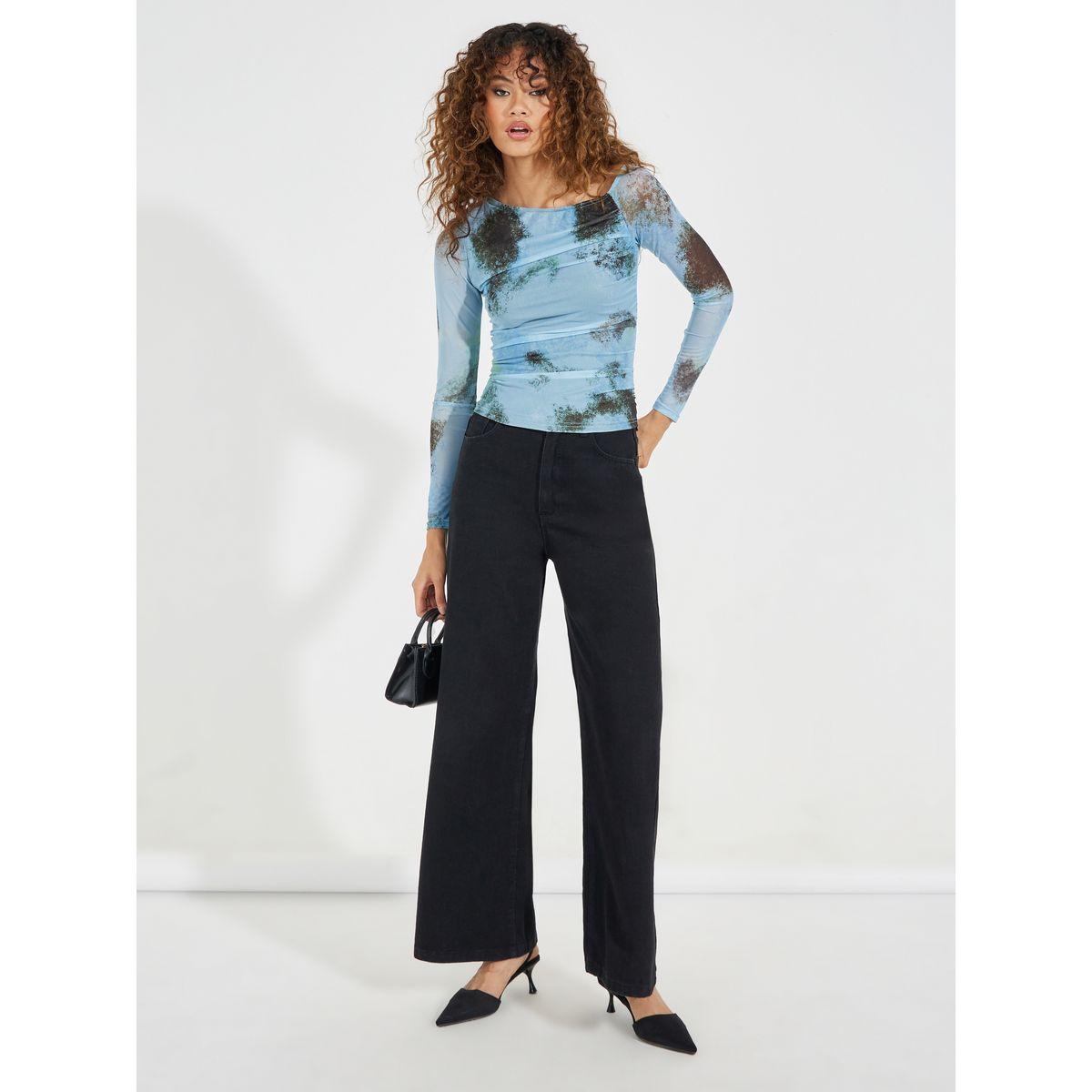 Styli Mesh Tie Dye Print Fitted T-Shirt with Asymmetric Neck-women-clothing-tshirts-image-2