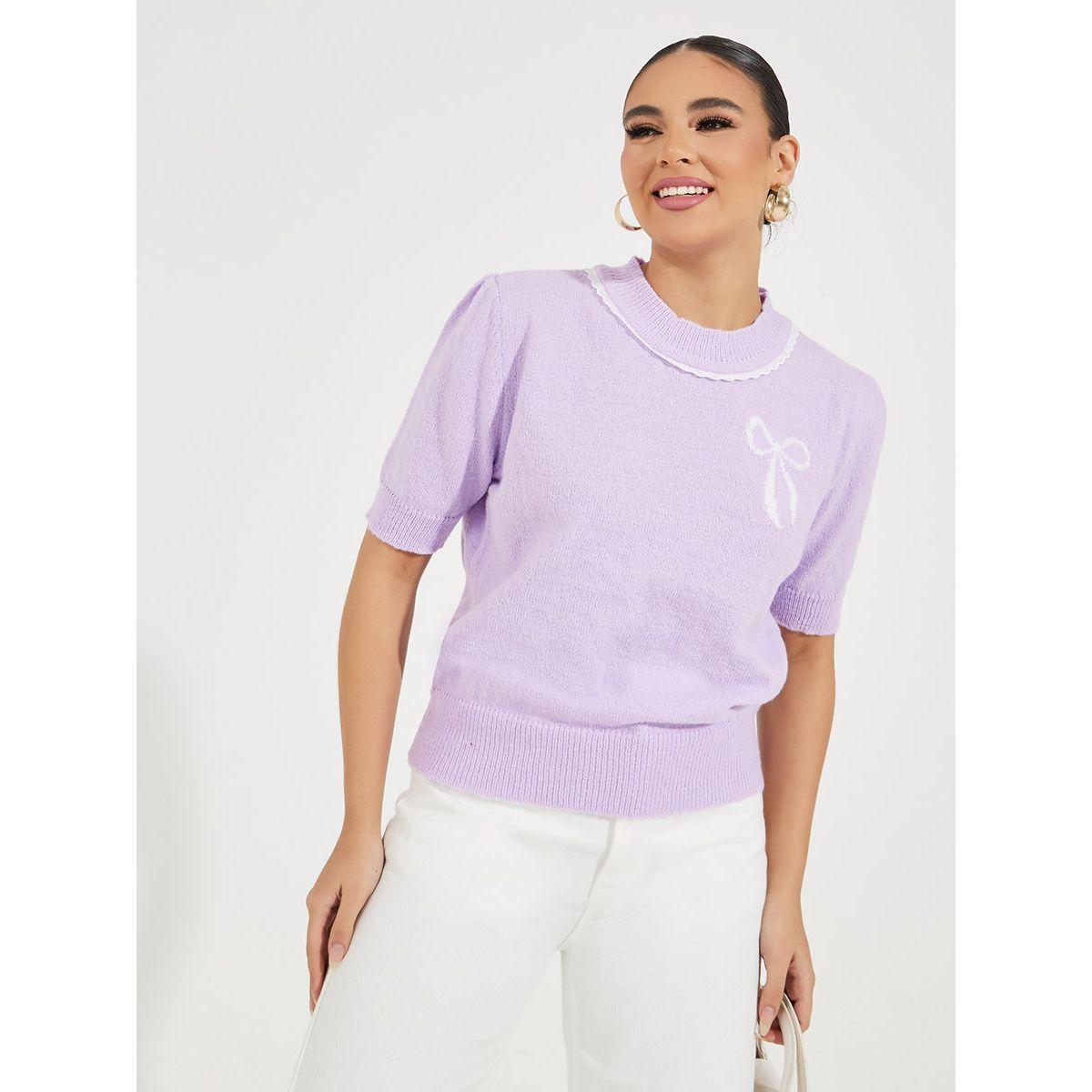 Styli Bow Pattern Knit T-Shirt with Short Sleeves-women-clothing-tshirts-image-1