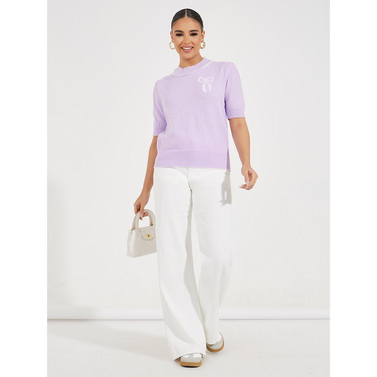 تيشيرت محبوك بتفاصيل فيونكة مع اكمام قصيرة-women-clothing-tshirts-image-2