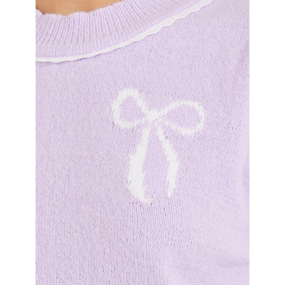 Styli Bow Pattern Knit T-Shirt with Short Sleeves-women-clothing-tshirts-image-3