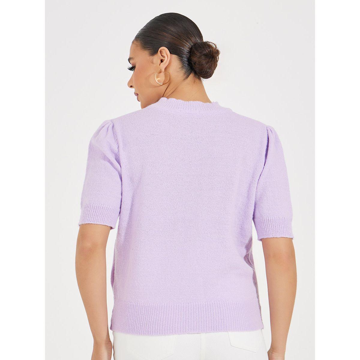 Styli Bow Pattern Knit T-Shirt with Short Sleeves-women-clothing-tshirts-image-4