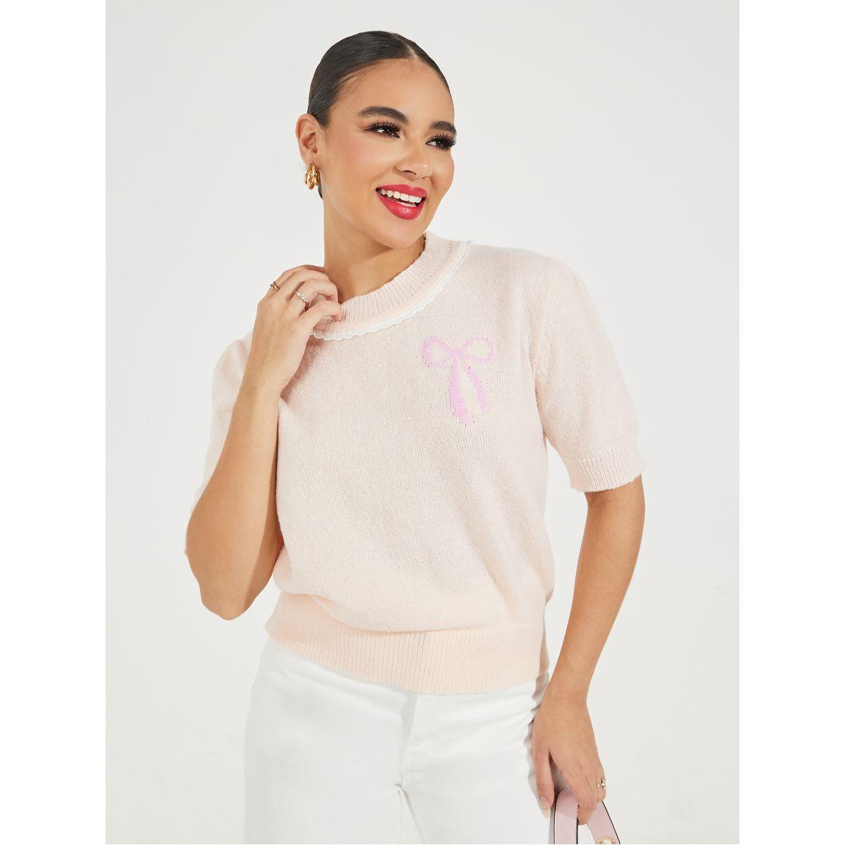 Styli Bow Pattern Knit T-Shirt with Short Sleeves-women-clothing-tshirts-image-1