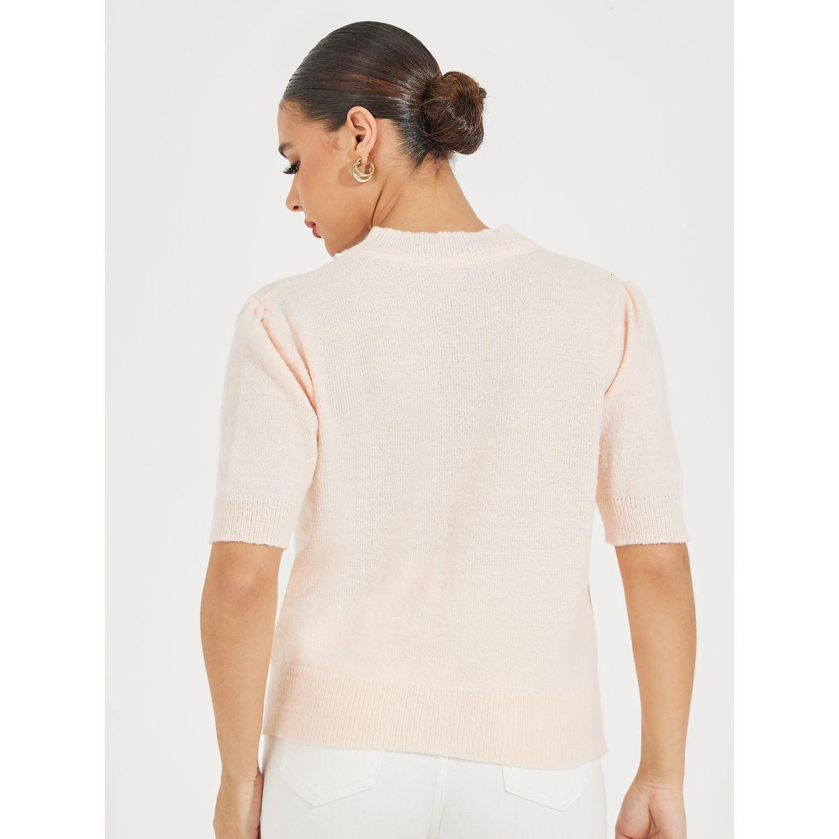 Styli Bow Pattern Knit T-Shirt with Short Sleeves-women-clothing-tshirts-image-4