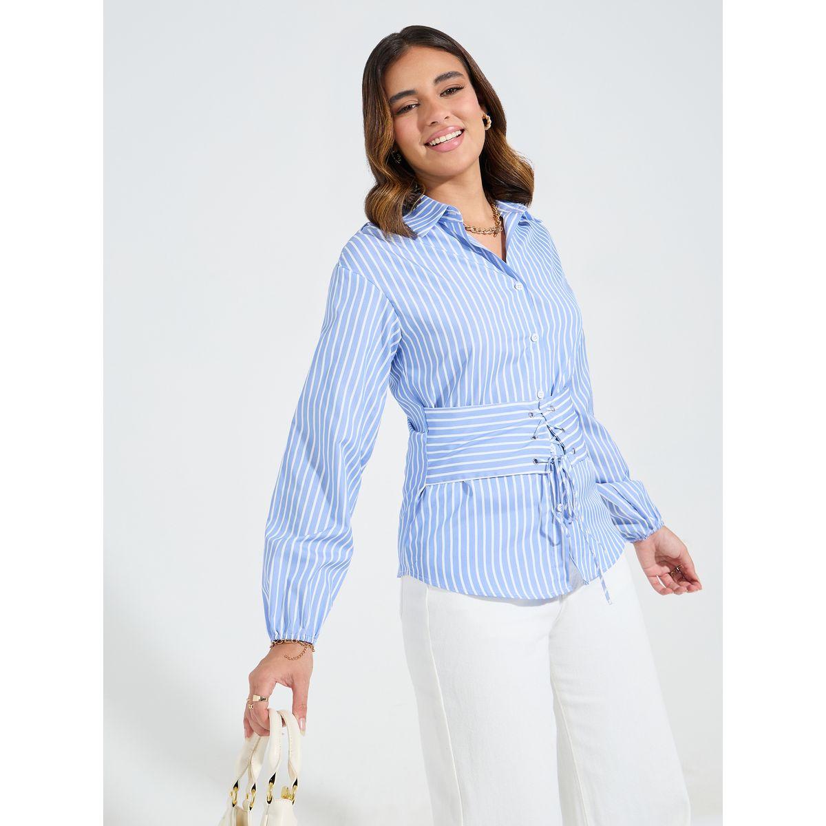 Styli Limited Striped Long Sleeve Tie-Up Belt Shirt-women-clothing-shirtsandblouses-shirts-image-1