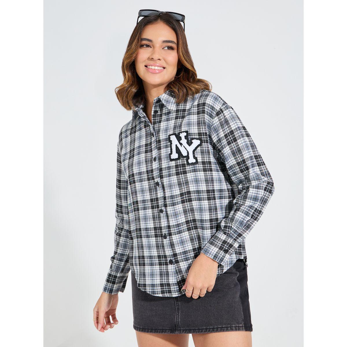 بلوزة فضفاضة بازرار غلق وطبعة مربعات-women-clothing-shirtsandblouses-shirts-image-4