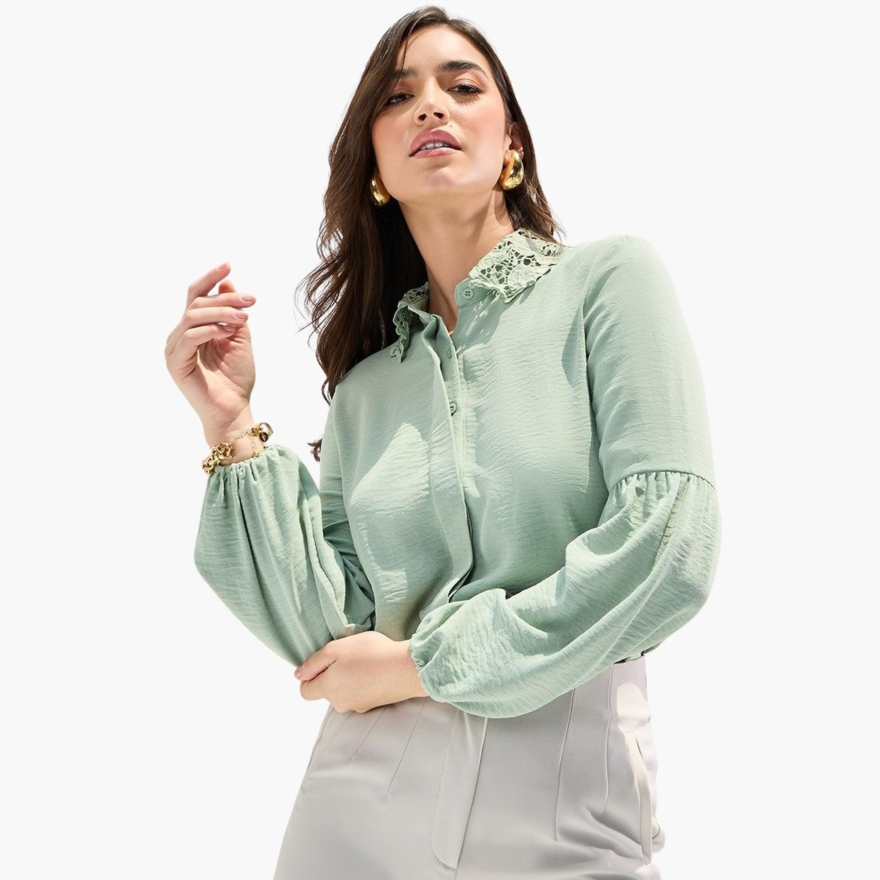 Styli Lace Collar Relaxed Shirt with Concealed Placket-women-clothing-shirtsandblouses-shirts-image-1