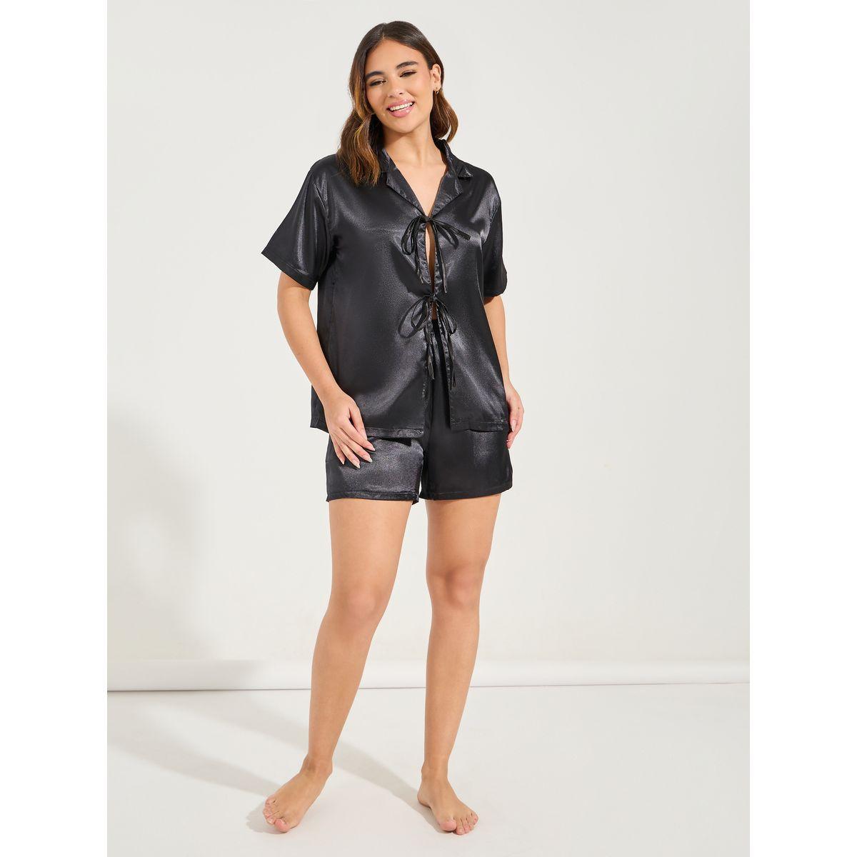 Styli Unwind Solid Satin Tie Front Shirt & Short Set-women-clothing-nightwear-pyjamas-shortsets-image-2