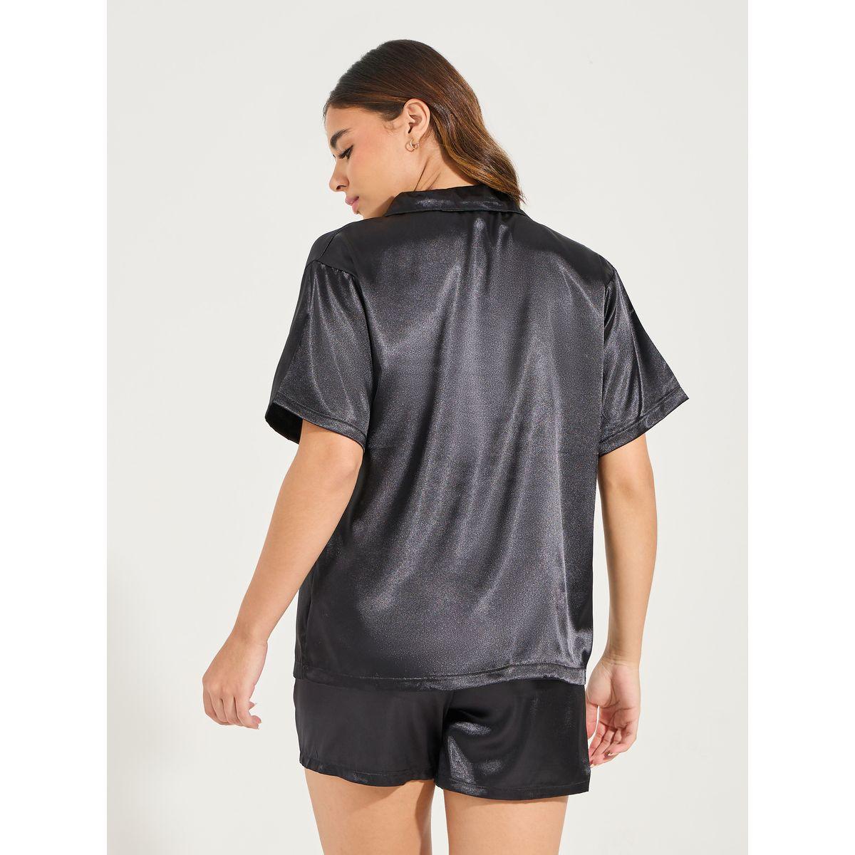Styli Unwind Solid Satin Tie Front Shirt & Short Set-women-clothing-nightwear-pyjamas-shortsets-image-5