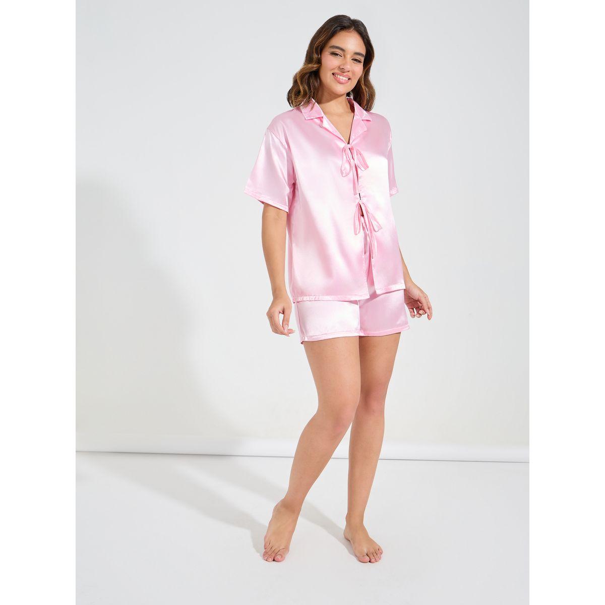 Styli Unwind Solid Satin Tie Front Shirt & Short Set-women-clothing-nightwear-pyjamas-shortsets-image-2